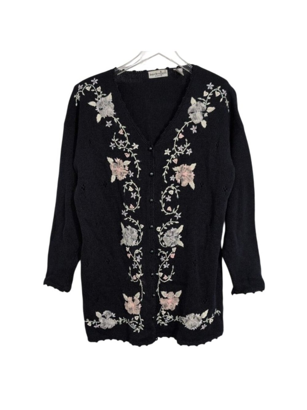 Vintage Embroidered Floral Cardigan Womens Size 2X Blue Cottagecore Coquette